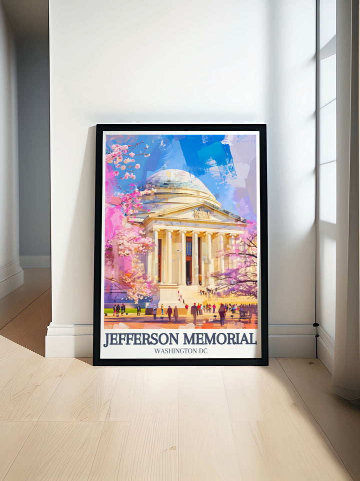 This Jefferson Memorial framed art captures the peaceful view of the Tidal Basin alongside the striking neoclassical dome, offering a timeless addition to your home or office decor. A tribute to Americas founding ideals.