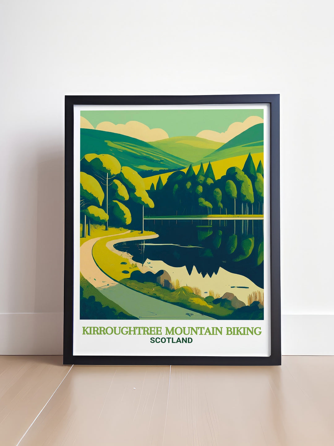 Cycling wall art featuring the 7stanes Trails at Kirroughtree and the calm waters of Bruntis Loch. This framed art is an ideal choice for mountain bikers and outdoor enthusiasts, showcasing the best of Galloway Forest Park in a stunning, high quality print.