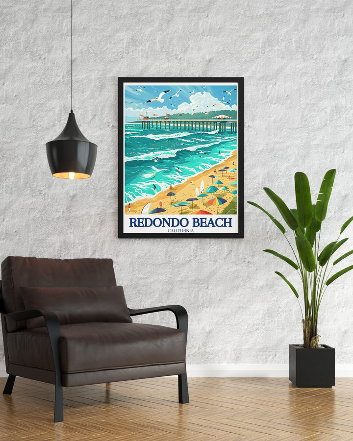 Palos Verdes Peninsula travel poster capturing the serene beauty of Californias coastline, with a focus on the dramatic landscapes and peaceful ambiance of the region. This detailed wall print is perfect for those who appreciate the natural beauty and relaxed lifestyle of the California coast.