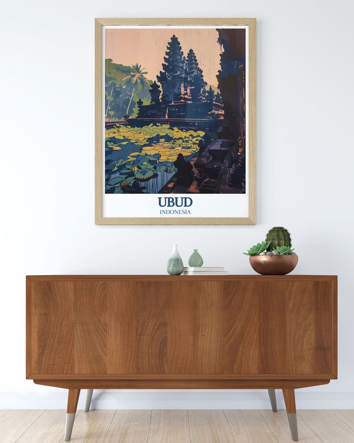 A tranquil depiction of Ubuds Pura Taman Saraswati and Lotus Pond, this Bali wall art captures the spiritual essence of the island. Ideal for gifting or for your own home, it brings a touch of Balis natural beauty indoors.