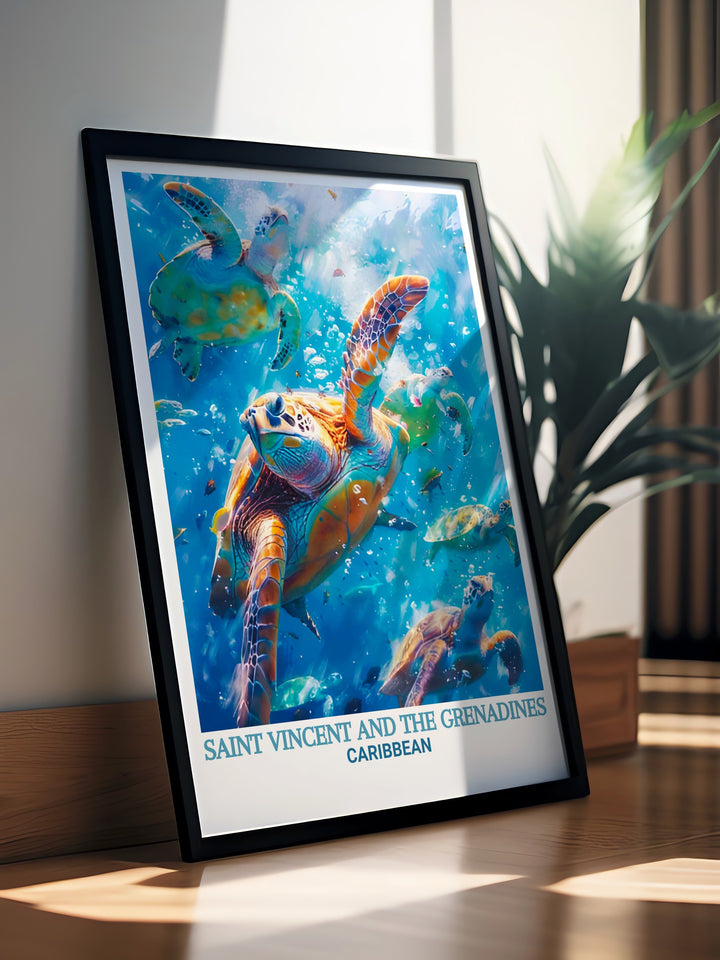 Detailed travel poster of the Tobago Cays in Saint Vincent, offering a glimpse into the tranquil beauty of the Caribbean. Perfect for those who appreciate the serenity of tropical destinations.