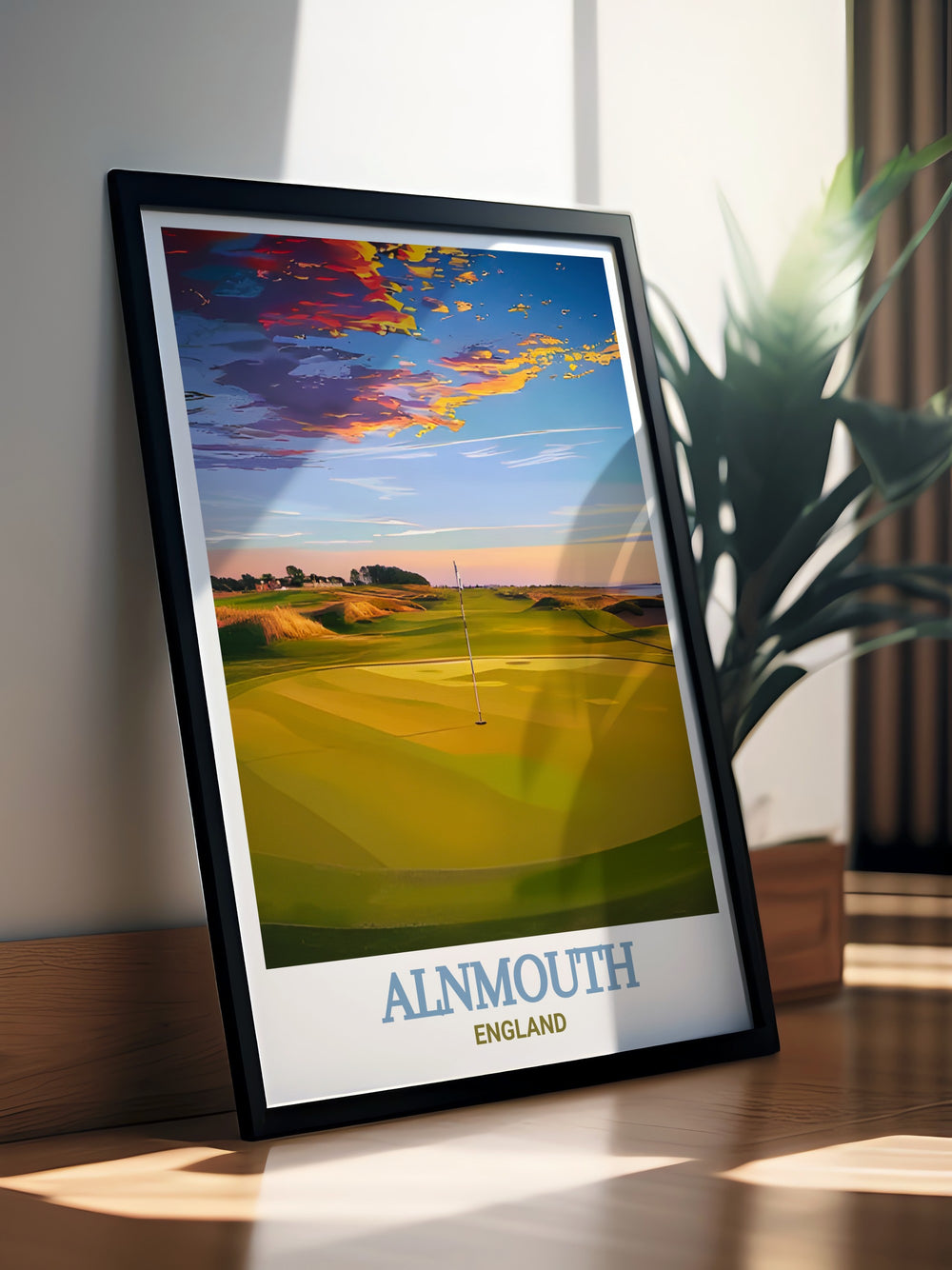 Enhance your home with our Alnmouth Golf Club artwork featuring a breathtaking view of Northumberlands coastal golf course ideal for modern decor and art enthusiasts looking to bring the outdoors charm indoors