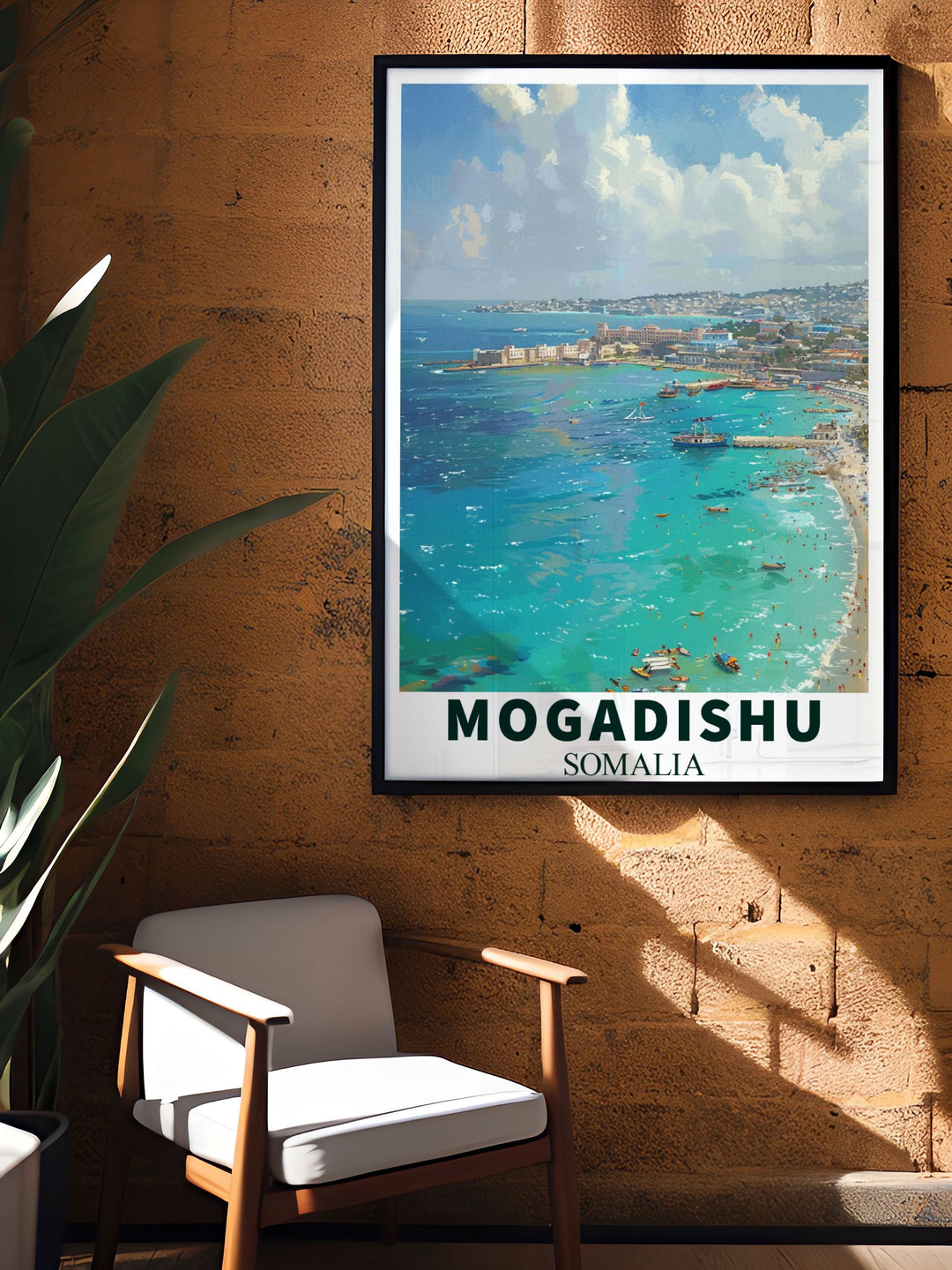 This poster of Mogadishu captures the breathtaking views and rich history of Lido Beach, inviting viewers to experience the unique charm and adventure of Somalia.