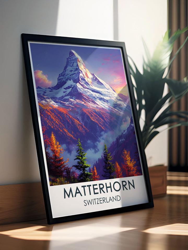 Swiss Alps Print highlighting the majestic peaks of Grindelwald and Lauterbrunnen combined with Matterhorn elegant home decor ideal for those who appreciate natural beauty and adventure