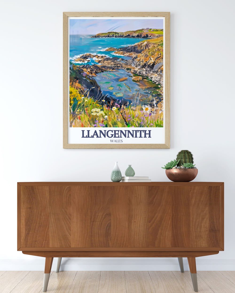 Experience the natural beauty of Wales with this Gower Coast Path Travel Print. Featuring the famous coastal trail and the village of Llangennith, this artwork is ideal for outdoor enthusiasts and nature lovers, bringing the adventure of the Welsh coast to any room.