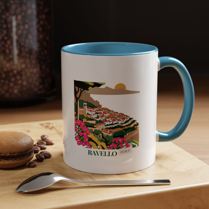 A beautifully crafted Ravello Italy mug featuring intricate artwork of Ravello’s iconic Villa Rufolo and picturesque gardens. Made from durable ceramic, this mug is dishwasher and microwave safe, perfect for coffee and tea lovers who appreciate Italian elegance.