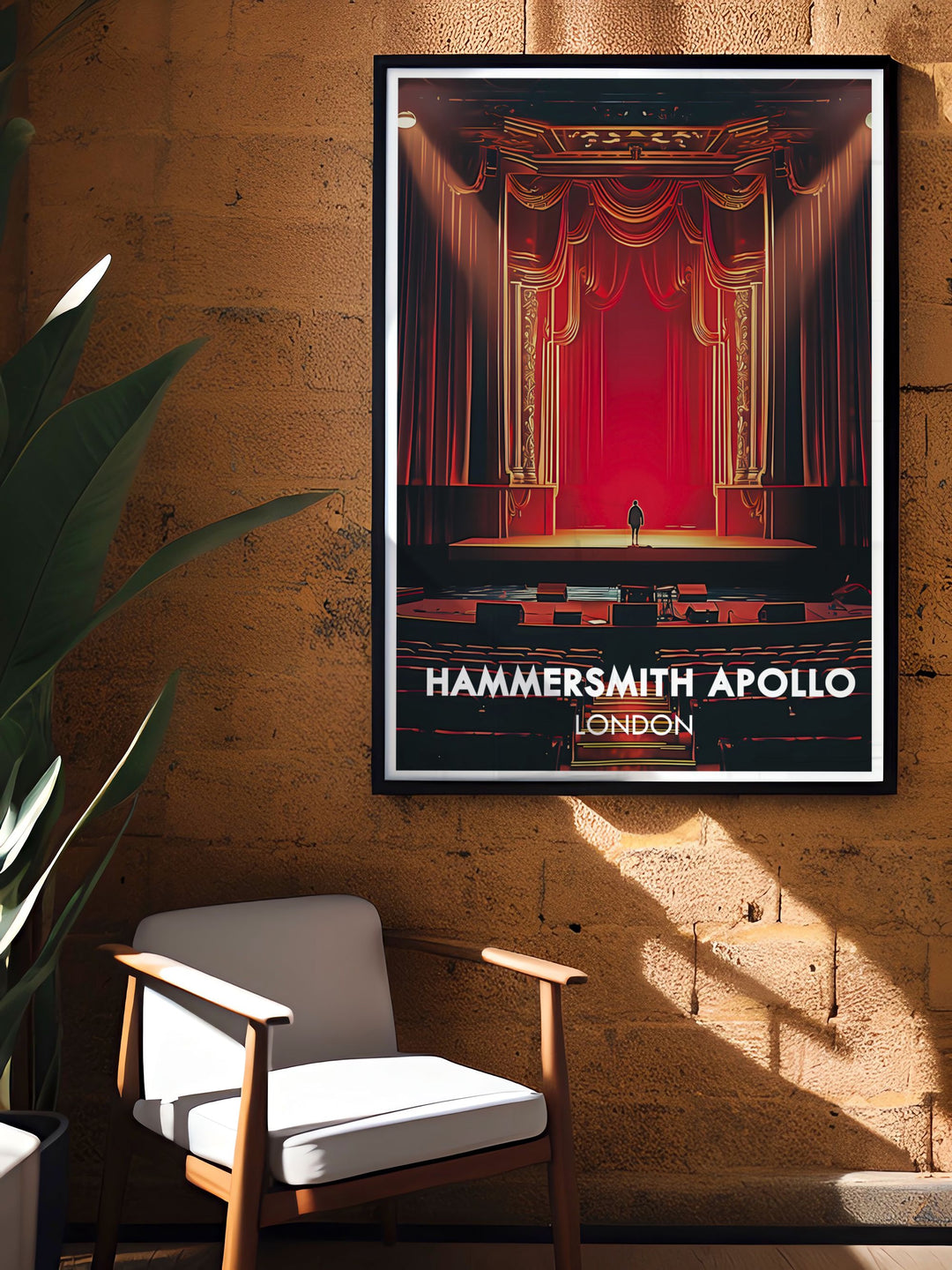 This detailed illustration captures the vibrant stage of Hammersmith Apollo, highlighting the venues role in Londons entertainment scene and architectural beauty.