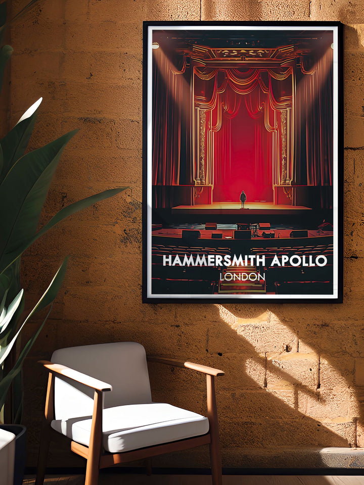 This detailed illustration captures the vibrant stage of Hammersmith Apollo, highlighting the venues role in Londons entertainment scene and architectural beauty.