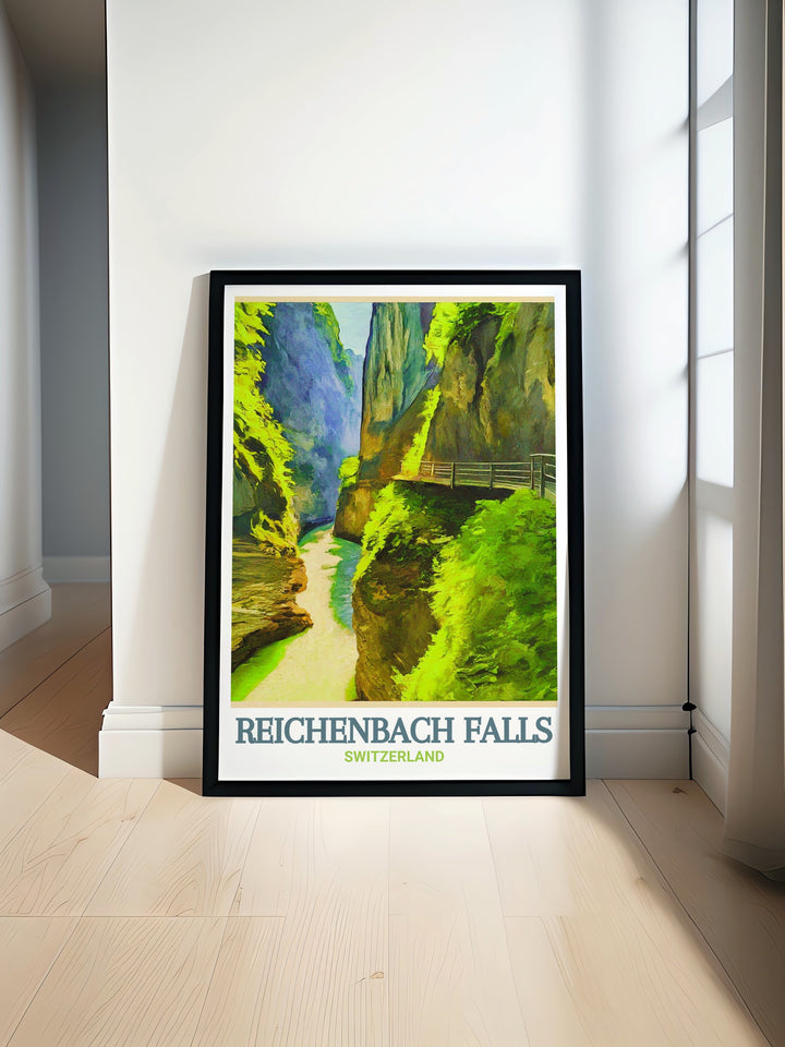 A gorgeous fine art print of Reichenbach Falls and Aare Gorge, two of Switzerlands most renowned natural wonders. This Switzerland travel poster is perfect for gifting or decorating, offering a scenic representation of the countrys rugged beauty and majestic landscapes.