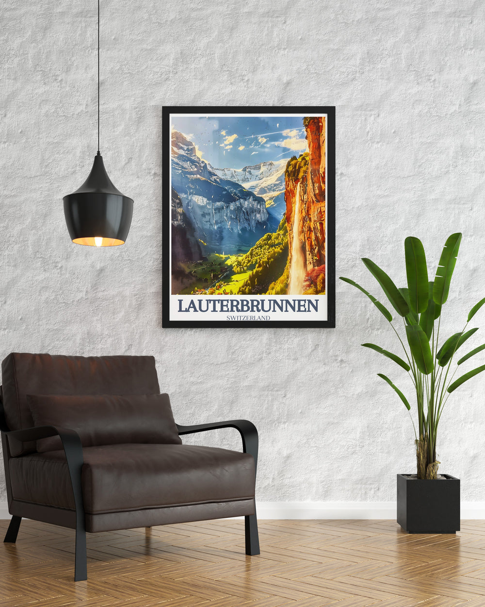 Stunning Lauterbrunnen poster featuring Staubbach Falls and Jungfrau Mountain ideal for those seeking a unique Switzerland travel print or a gift for nature lovers and travelers