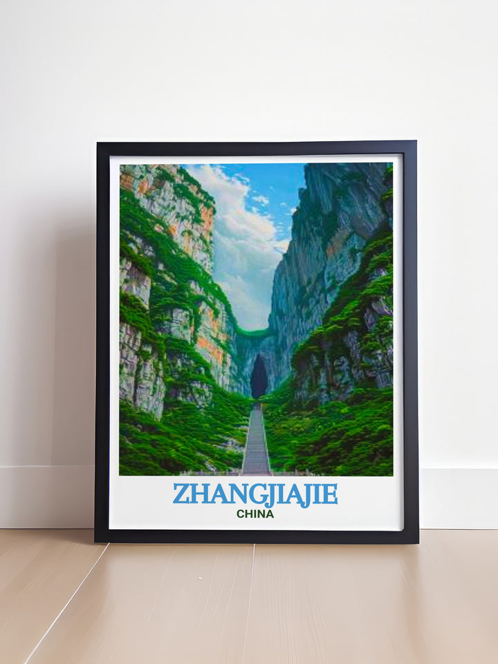 Exquisite framed print of Tianmen Mountain capturing the majestic cliffs of Zhangjiajie China a wonderful addition to any collection of Chinese decor and modern art