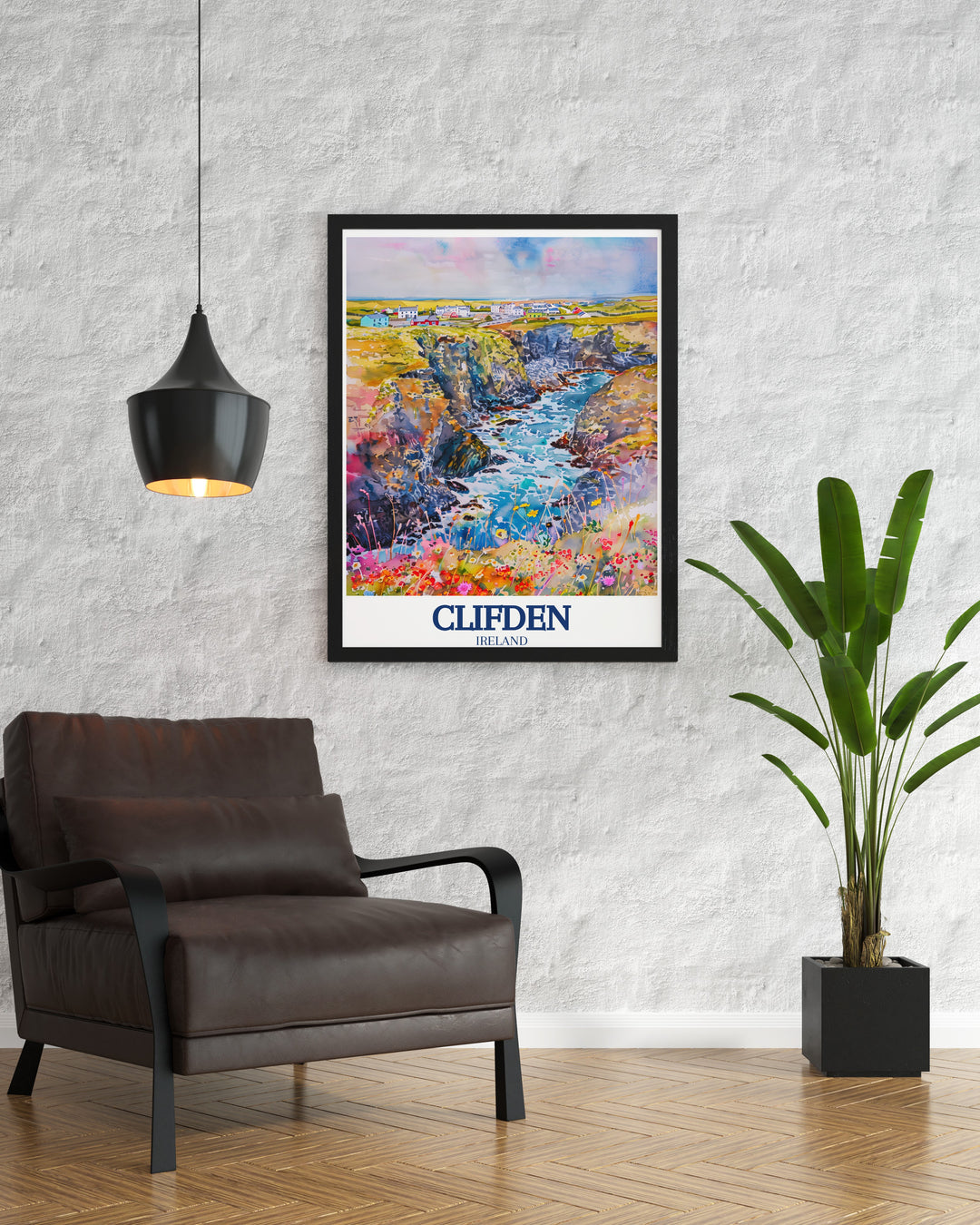 A custom print of Clifden, featuring the towns iconic landmarks set against the dramatic scenery of the Wild Atlantic Way and Connemara. This detailed artwork is perfect for anyone who loves Irish landscapes and the charm of historic towns.