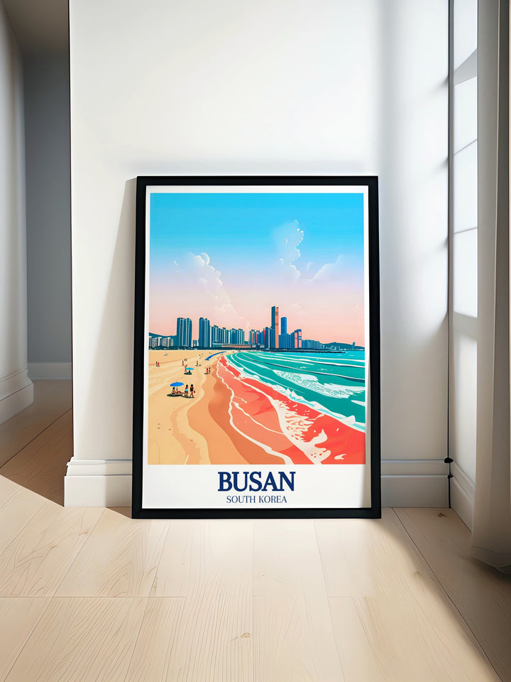 Stunning South Korea print featuring Haeundae Beach and Haeundae gu Skyline showcasing the vibrant combination of Busans famous beach and modern cityscape perfect for adding a touch of coastal charm and urban elegance to any room in your home.