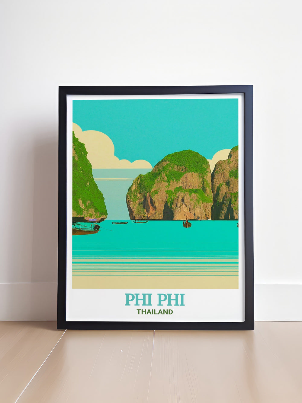 Phi Phi Islands art print capturing the serene beauty of Thailands famous Maya Bay, with lush greenery, crystal clear waters, and striking cliffs. This home print is perfect for enhancing your décor with a touch of exotic elegance and inviting the spirit of adventure into your space.