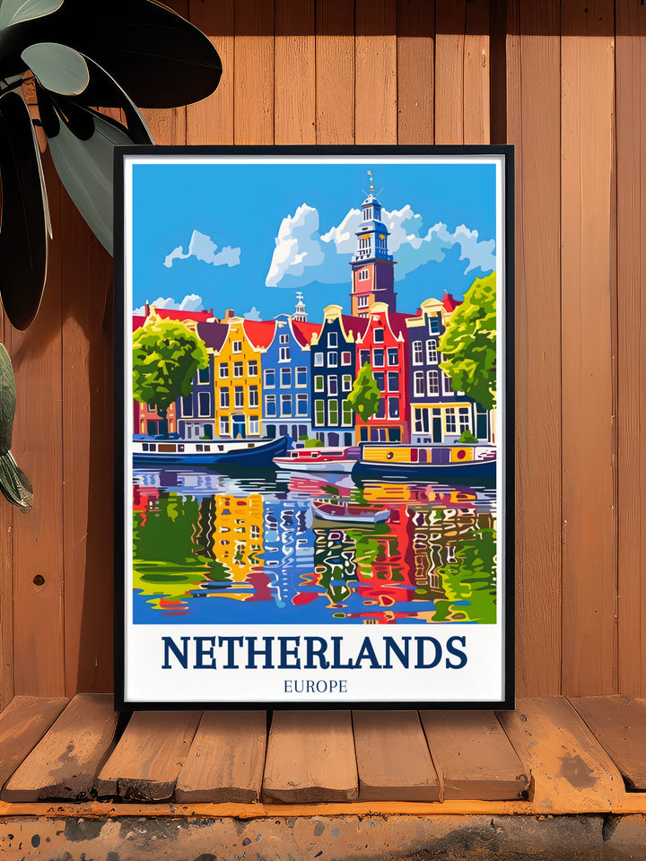 Transform your space with this stunning Amsterdam Canal Westerkerk poster a minimalistic travel print that celebrates the beauty of the Netherlands perfect for elegant home decor and adding a touch of Dutch charm to any room