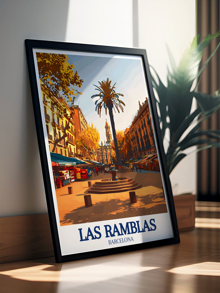 La Rambla de Canaletes canvas art capturing the iconic charm and history of one of Barcelonas most popular streets. This travel poster brings the spirit of Catalonia into any home decor, offering a beautiful and timeless tribute to one of Spains most beloved landmarks.