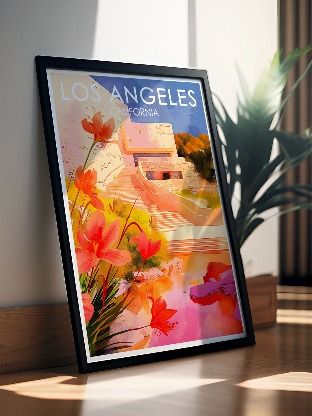 Elegant Getty Centre travel poster showcasing the grandeur of this renowned Los Angeles landmark perfect for art lovers and history enthusiasts looking to add sophistication to their home decor a unique piece of Los Angeles artwork
