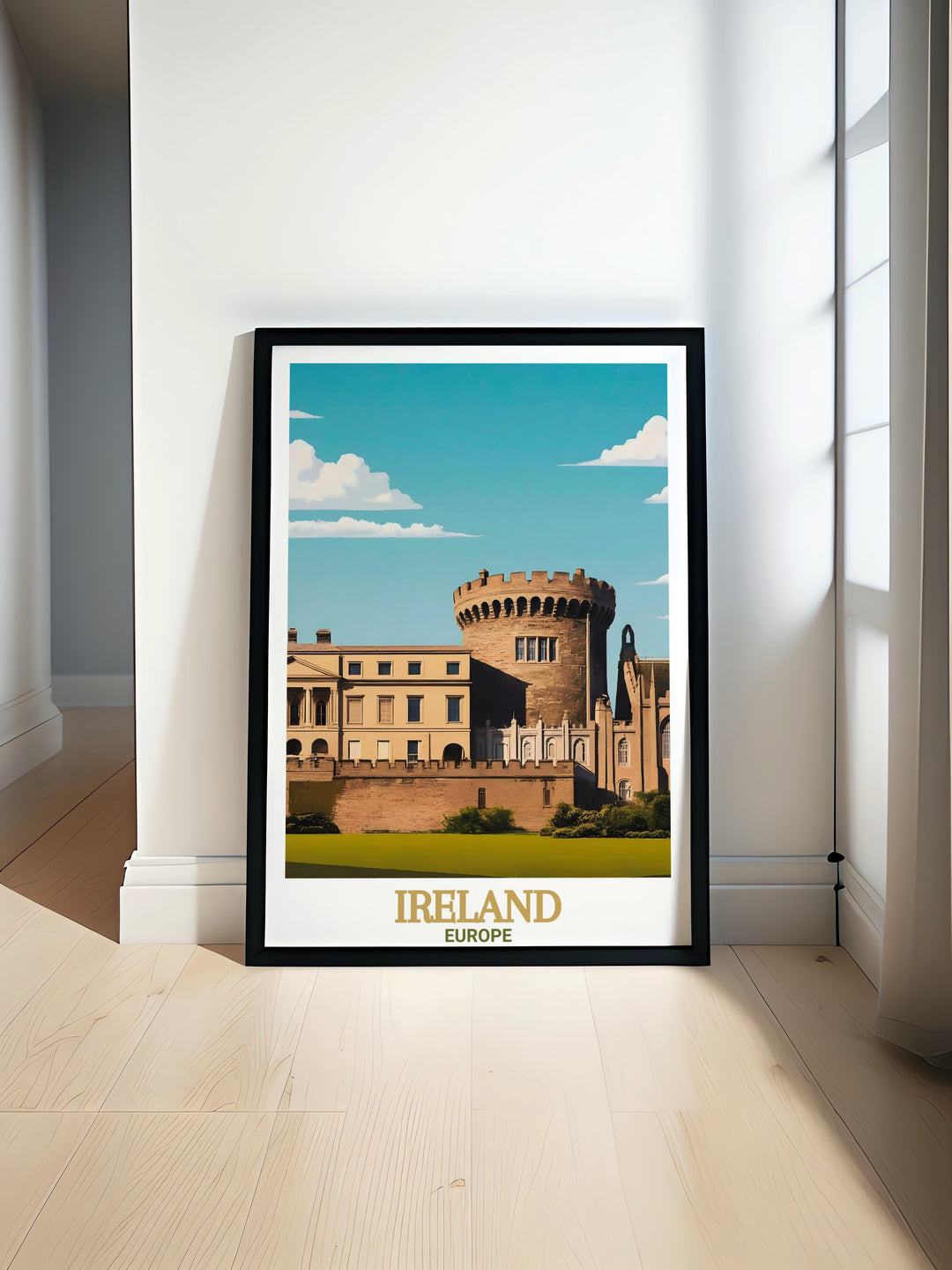 A stunning travel print of Dublin Castle and the bustling city of Dublin, this artwork celebrates the cultural richness and history of Irelands capital. A perfect addition to any room, its ideal for lovers of travel and Irish heritage.