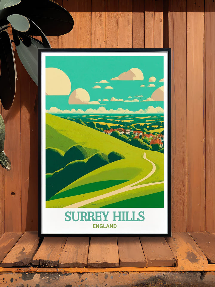 Discover the picturesque beauty of Surrey Hills with this vintage style poster featuring Box Hill. The artwork reflects the scenic charm and peacefulness of this iconic English landscape, offering a perfect blend of nature and art for your home or office