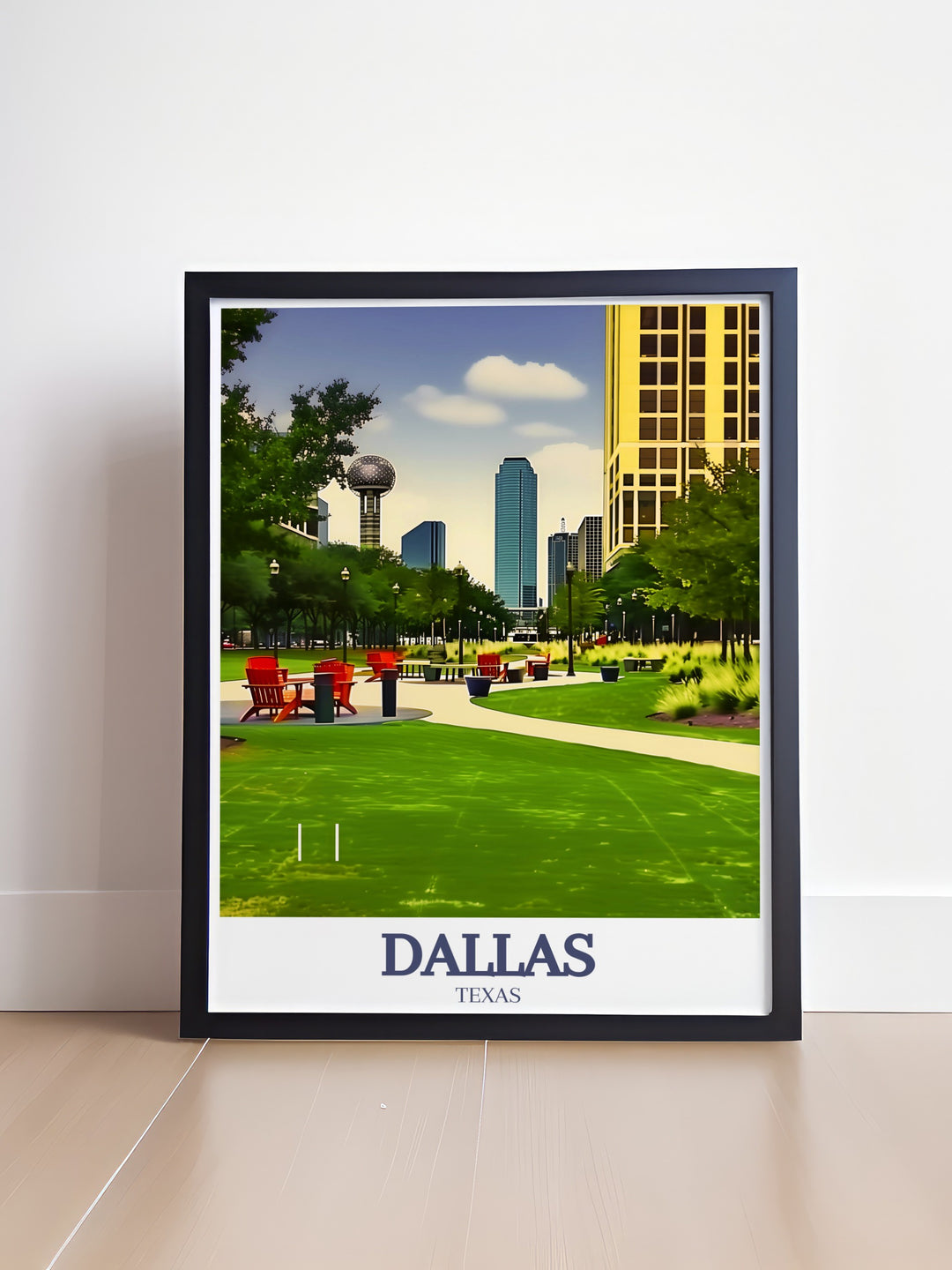 Klyde Warren Park and Dallas skyline come to life in this elegant Texas art print Ideal for home decor or as a Dallas travel gift this illustration brings the vibrancy and charm of the city into any room with its sleek modern aesthetic