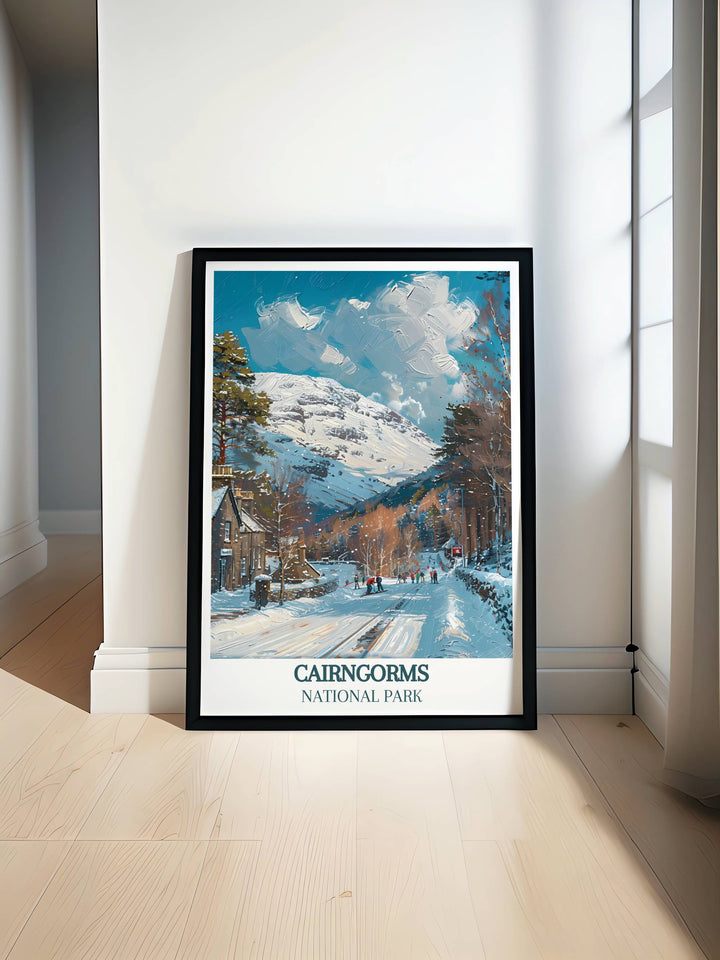 Cairngorms Poster featuring the stunning landscapes of Scotland with Cairngorm Mountain in the background. Perfect for home decor and gifts, this vintage travel print brings the beauty of the Scottish Highlands to life.