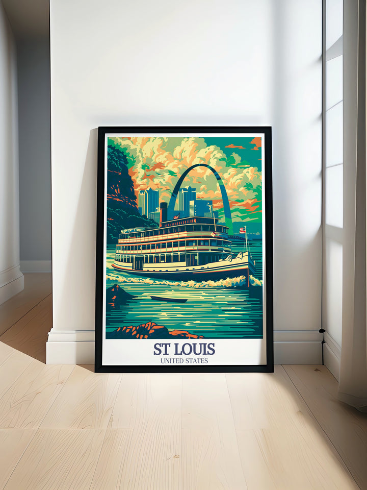 Beautiful St Louis travel poster featuring Mississippi River and Gateway Arch perfect wall decor for modern homes and gifts highlighting the vibrant city color palette and iconic landmarks ideal for enhancing any living room with elegant home decor and artistic flair