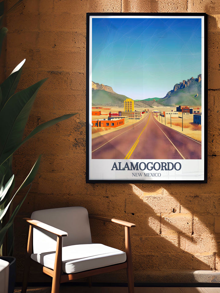 Stunning Alamogordo art print showing Sacramento Mountains and US 82 road perfect for adding southwestern charm to your home decor whether as a New Mexico poster or a gift for travel enthusiasts this artwork will elevate any living space with its vibrant design.