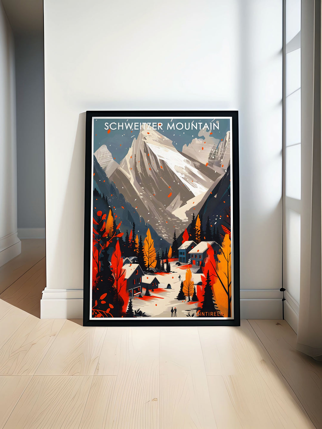 This vintage ski poster showcases the serene beauty of Lake Pend Oreille, visible from the slopes of Schweitzer Mountain. Perfect for adding a touch of tranquility to any room.