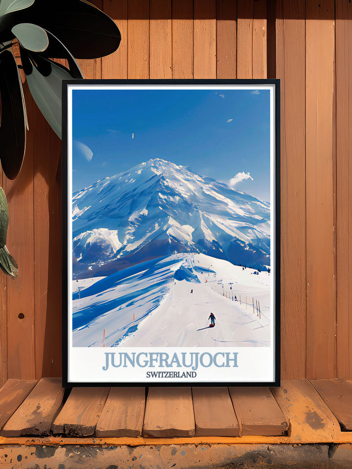 Detailed illustration of Snow Fun Park, showcasing the thrilling winter sports activities and the stunning alpine landscape. This travel poster is perfect for adding excitement and beauty to your home decor.