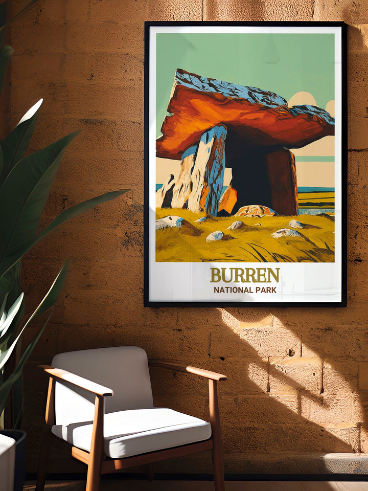 Capture the ancient allure of Ireland with this travel poster featuring Poulnabrone Dolmen. The image portrays the dolmens weathered stones against the dramatic backdrop of the Burren, ideal for adding a touch of history and mystery to your home decor.