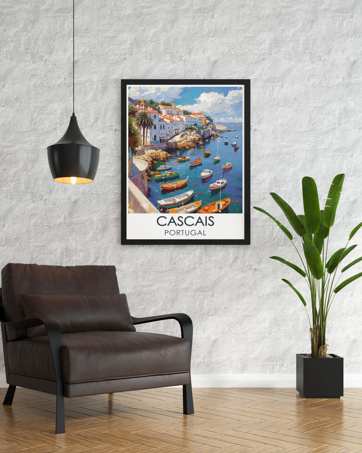 Highlighting the scenic beauty of Cascais coastline, this travel poster captures the pristine beaches and clear waters. Perfect for beach lovers and adventurers, this print adds a touch of coastal serenity to any room.
