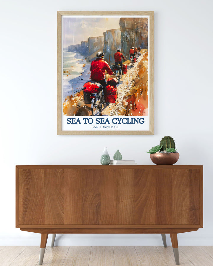 This Sea to Sea Cycling Wall Poster showcases the beauty of the C2C route, highlighting landmarks like the Cliffs of Dover. Ideal for cyclists and outdoor enthusiasts, this print adds a touch of adventure to your space.