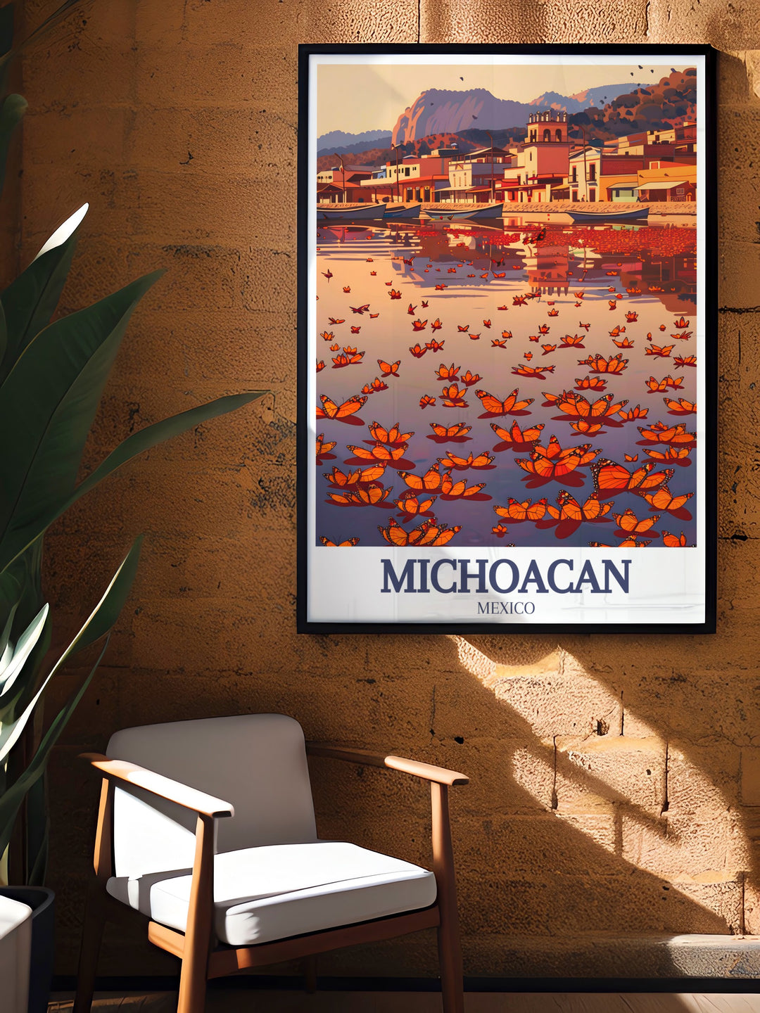 This Michoacán art print showcases the Monarch Butterfly Reserve and Patzcuaro Lake in stunning detail. With its bold color palette and vintage design, this travel poster brings the charm of Michoacáns natural and cultural landmarks into any space, offering a timeless piece of wall art.