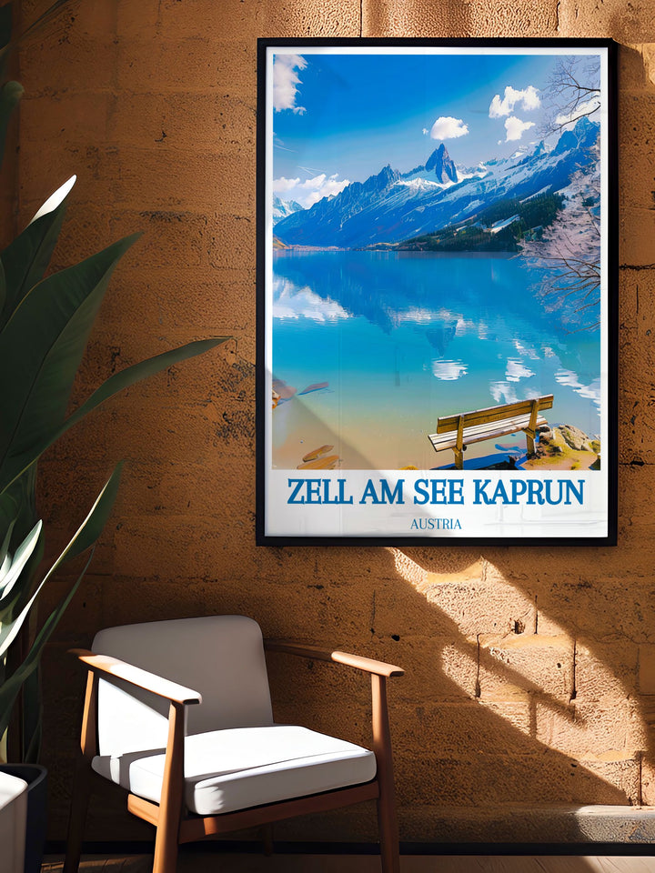 Personalized custom print of Lake Zell in Zell am See, Austria. This detailed illustration captures the serene beauty of the lake surrounded by towering peaks, offering a unique piece of art that reflects the majesty of the Austrian Alps, perfect for any decor. The vibrant colors and intricate details make this artwork a standout piece in any room.