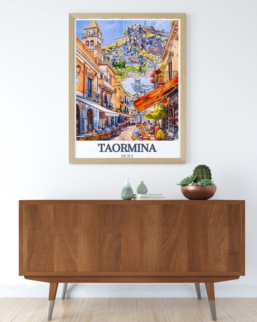 Modern Italy art featuring Corso Umberto and Piazza IX Aprile. This Taormina travel poster is a stunning addition to any home decor, with its vibrant depiction of these iconic Taormina landmarks.