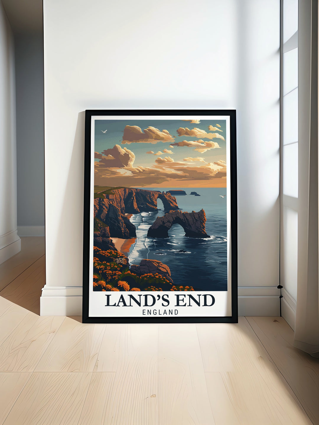 Lands End poster print highlights the dramatic coastal scenery of Cornwall with Enys Dodnan Arch in the background. A perfect Cornwall decor piece for lovers of coastal landscapes looking to add elegance to their home with modern prints.