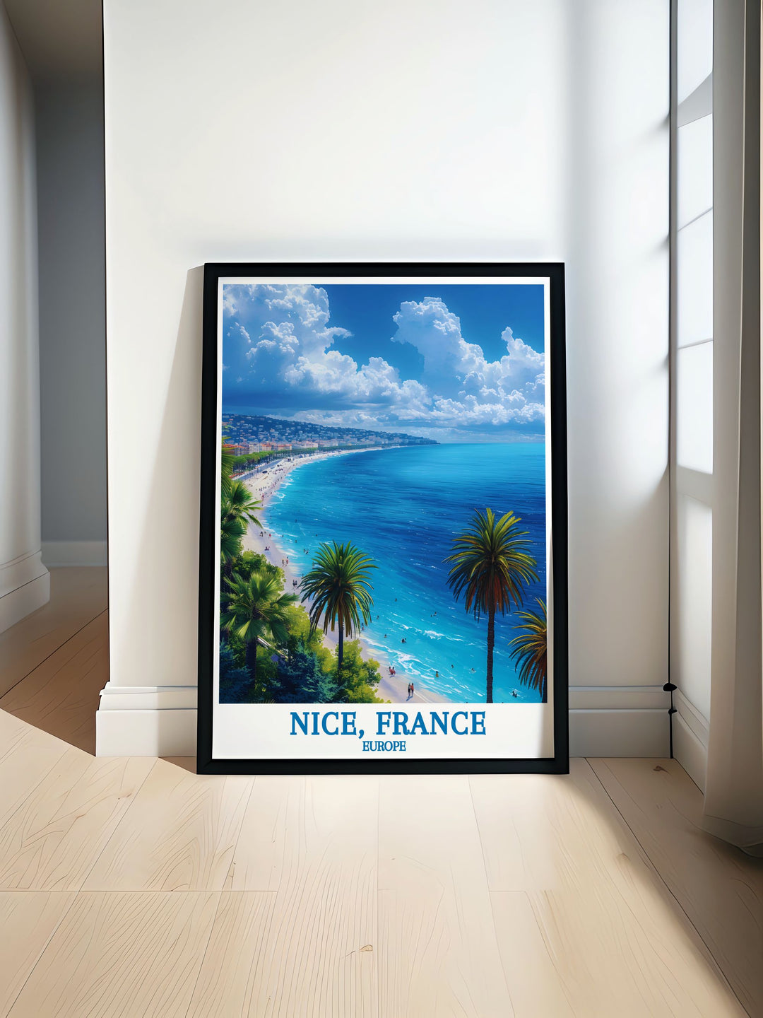 This art print beautifully depicts the lively Promenade des Anglais in Nice, France, capturing the dynamic energy, architectural splendor, and serene ambiance of this historic seafront.