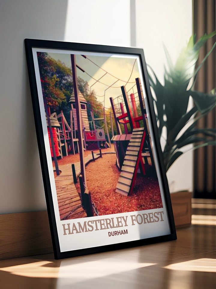 Bring the adventure of Hamsterley Forest Adventure Play Area into your living space with this colorful mountain biking print capturing the excitement of the MTB Trail Centre and providing stunning wall decor for bikers and nature enthusiasts