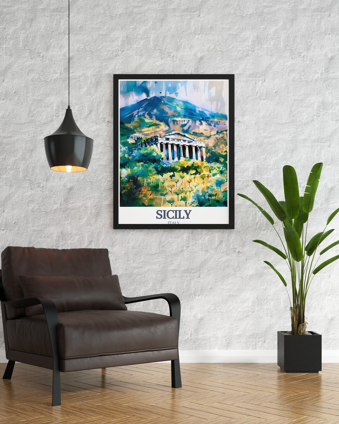 Experience the breathtaking beauty of Sicilys Valley of the Temples and Mount Etna with this travel poster. The intricate details and vibrant colors of this art print make it a standout piece, perfect for adding a touch of Italys charm to your home décor.