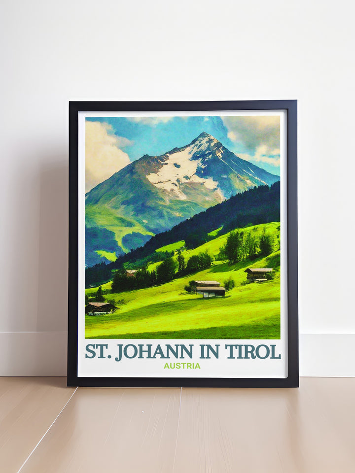 St. Johann in Tirols peaceful ambiance and Kitzbüheler Horns thrilling peaks are portrayed in this Austria wall art. The perfect Austria travel gift, this print is a testament to the countrys diverse landscapes, ideal for art and travel enthusiasts.