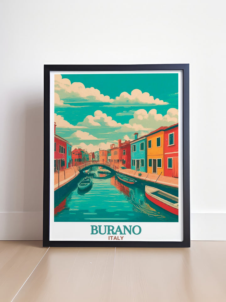 Beautiful Burano skyline captured in a detailed Burano poster showcasing the charm of Canals and Bridges. Ideal for travel enthusiasts and art lovers this print adds a unique touch to your home decor making it a standout piece in any room.
