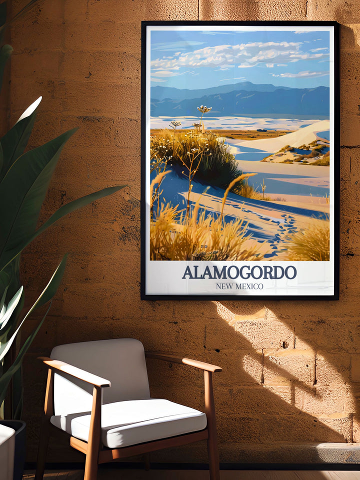 New Mexico travel poster showcasing White Sands National Park and White Sands Missile Range an ideal addition to any home or office decor this Alamogordo print captures the expansive desert scenery making it a perfect gift for travel and adventure lovers.