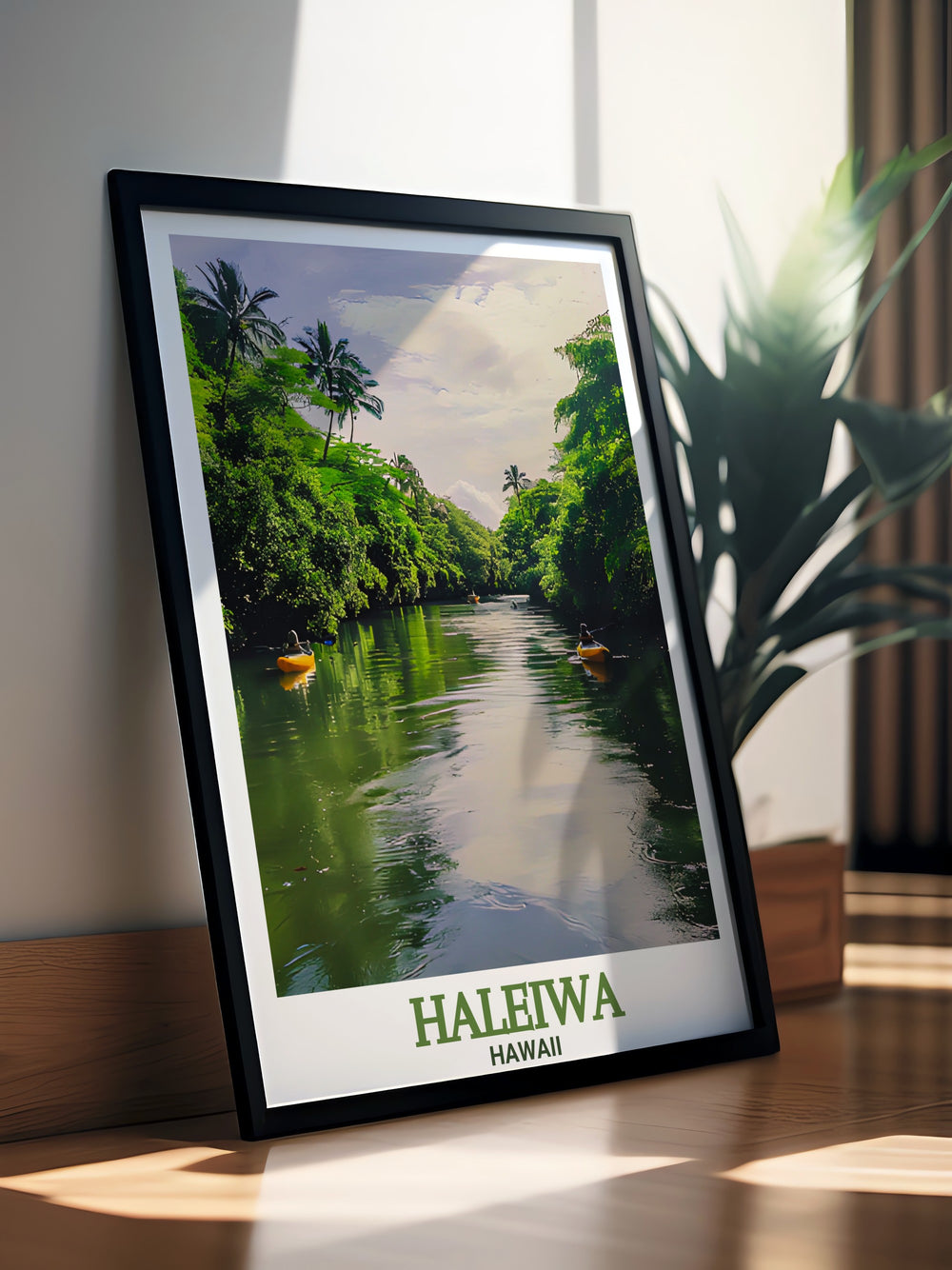 This Haleiwa Poster showcases the tranquil Anahulu River Haleiwa River alongside the breathtaking skyline of the city A perfect addition to any living space offering a touch of vintage style and tropical flair to your decor