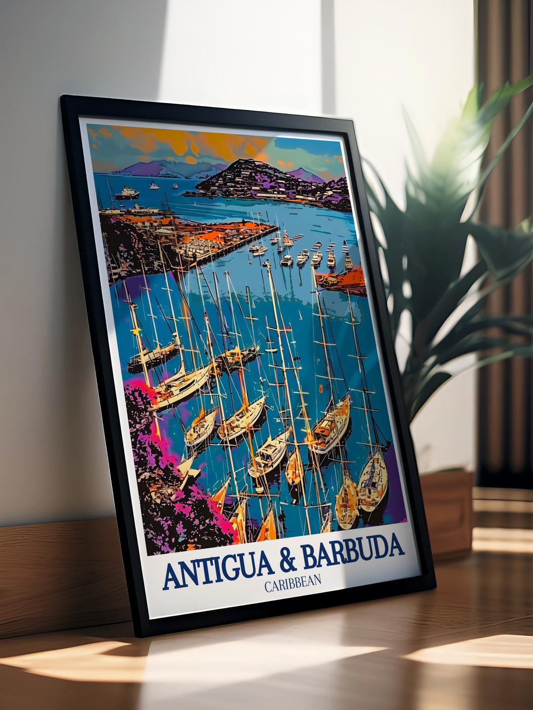 Antigua Art Print capturing the vibrant beauty and rich history of Antigua and Barbuda. This detailed artwork showcases the stunning landscapes and iconic landmarks, such as English Harbour and Nelsons Dockyard, making it a perfect addition to your home decor that celebrates Caribbean charm