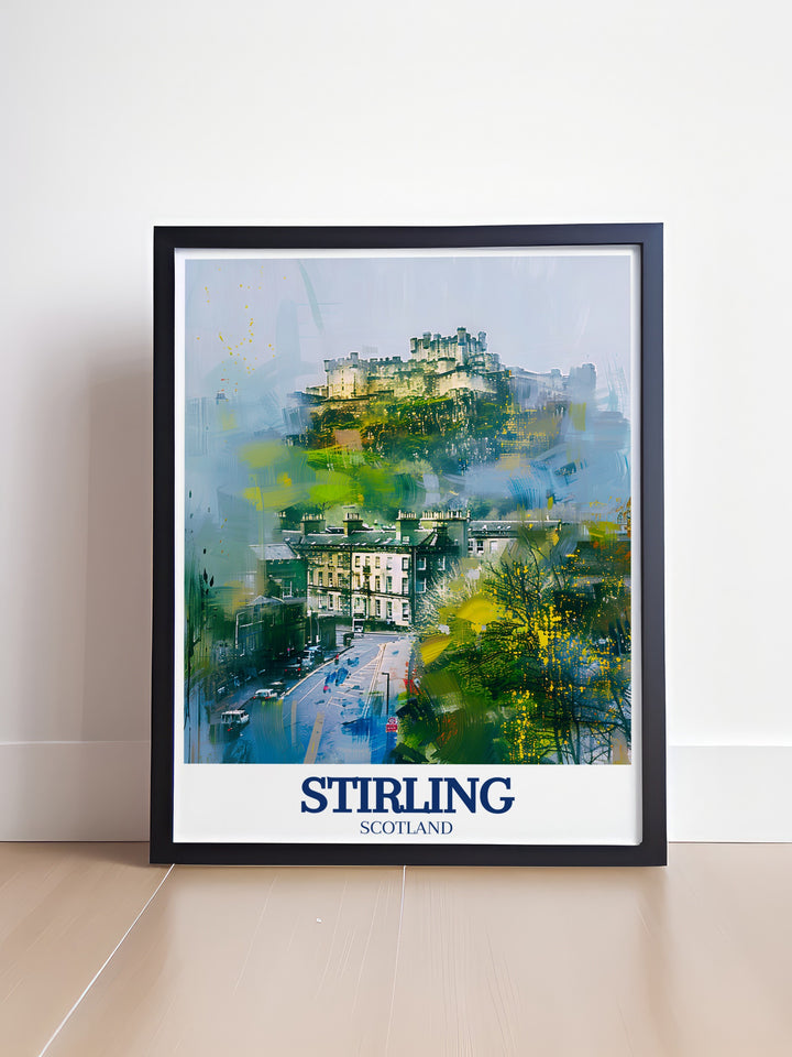 Our Stirling Castle travel print captures the breathtaking beauty of one of Scotlands most iconic landmarks. Set against the backdrop of Stirling Hill, the artwork showcases the castles majestic architecture and rich history, making it the perfect addition to any home or office decor.