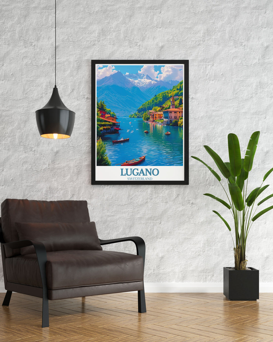 Highlighting the stunning architecture and vibrant culture of Lugano, this travel poster features its charming old town and beautiful lake views. Perfect for history and architecture enthusiasts.