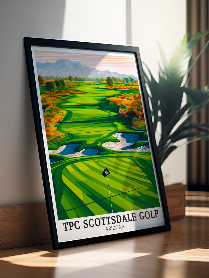 Par 3 16th hole canvas art showcasing one of the most famous holes in golf, located at TPC Scottsdale. Known for its stadium seating and electric atmosphere during the Waste Management Phoenix Open, this artwork is perfect for golf fans who want to celebrate this Arizona icon.