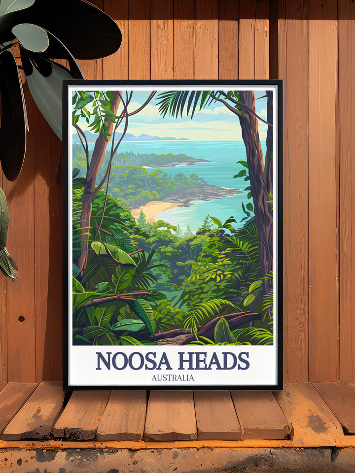 Noosa National Park Travel Poster illustrating the stunning cliffs and forested landscapes of Noosa Heads, combined with the peaceful waters of Little Cove. This vibrant art piece captures the natural charm of Australias Sunshine Coast, ideal for brightening up any space.