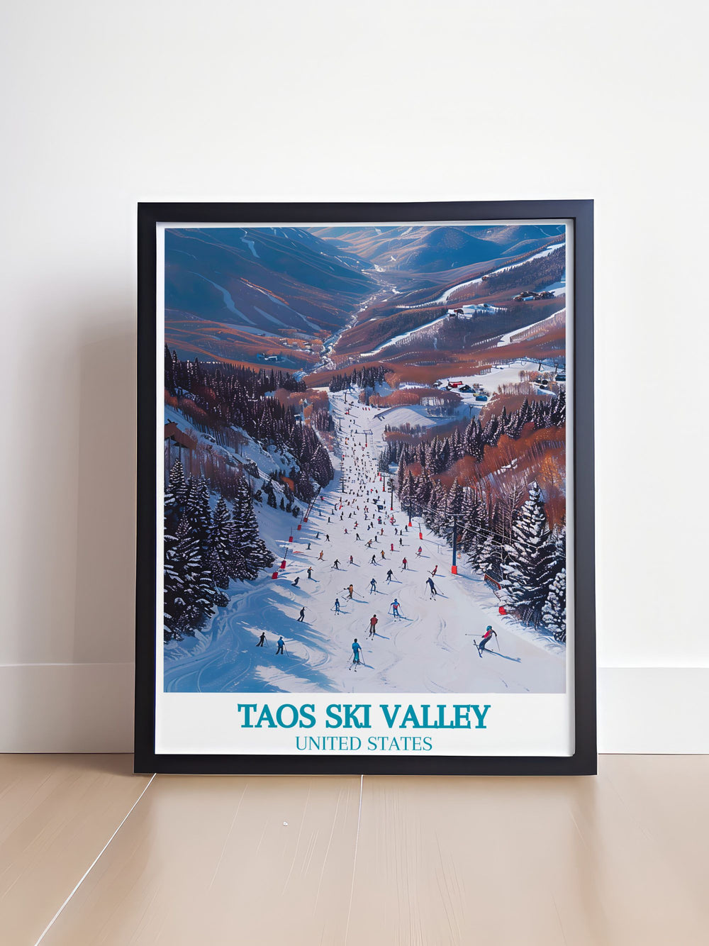 Celebrate the stunning scenery of Taos Ski Valley with this detailed art print, showcasing the serene snow covered mountains and rugged terrain.