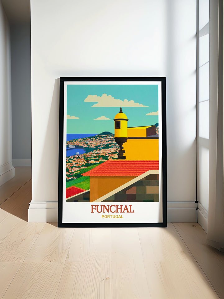 São Tiago Fortress wall art depicting the historic fortress in Funchal, Portugal, with its iconic yellow walls set against the blue waters of the Atlantic Ocean. This detailed print captures the rich history and stunning architecture of the fortress, making it an ideal piece for those who appreciate cultural and historical artwork. Perfect for any space.